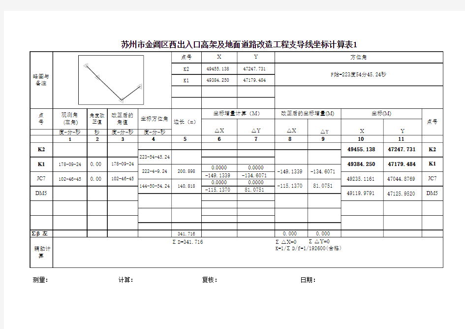 控制点复核支导线坐标计算表(复核)