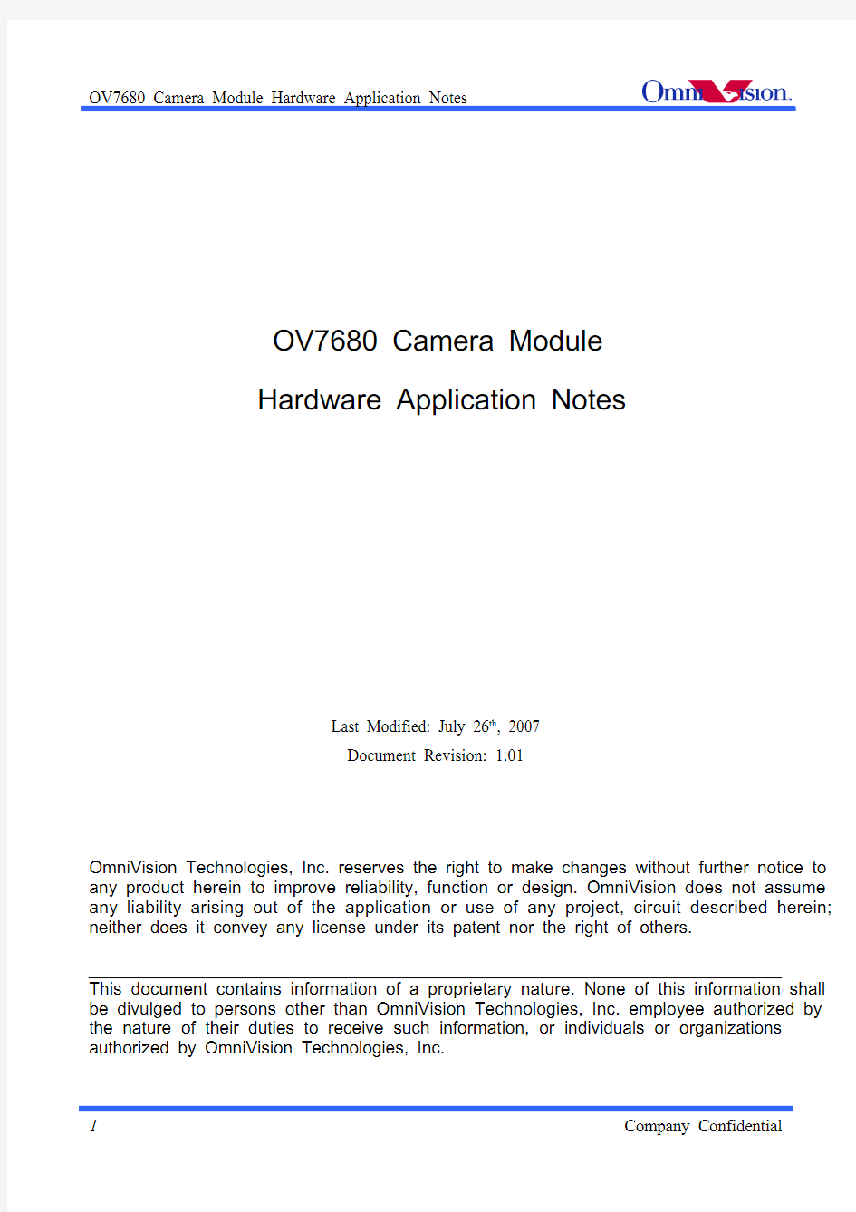 OV7680 Camera Module Hardware Application Notes.