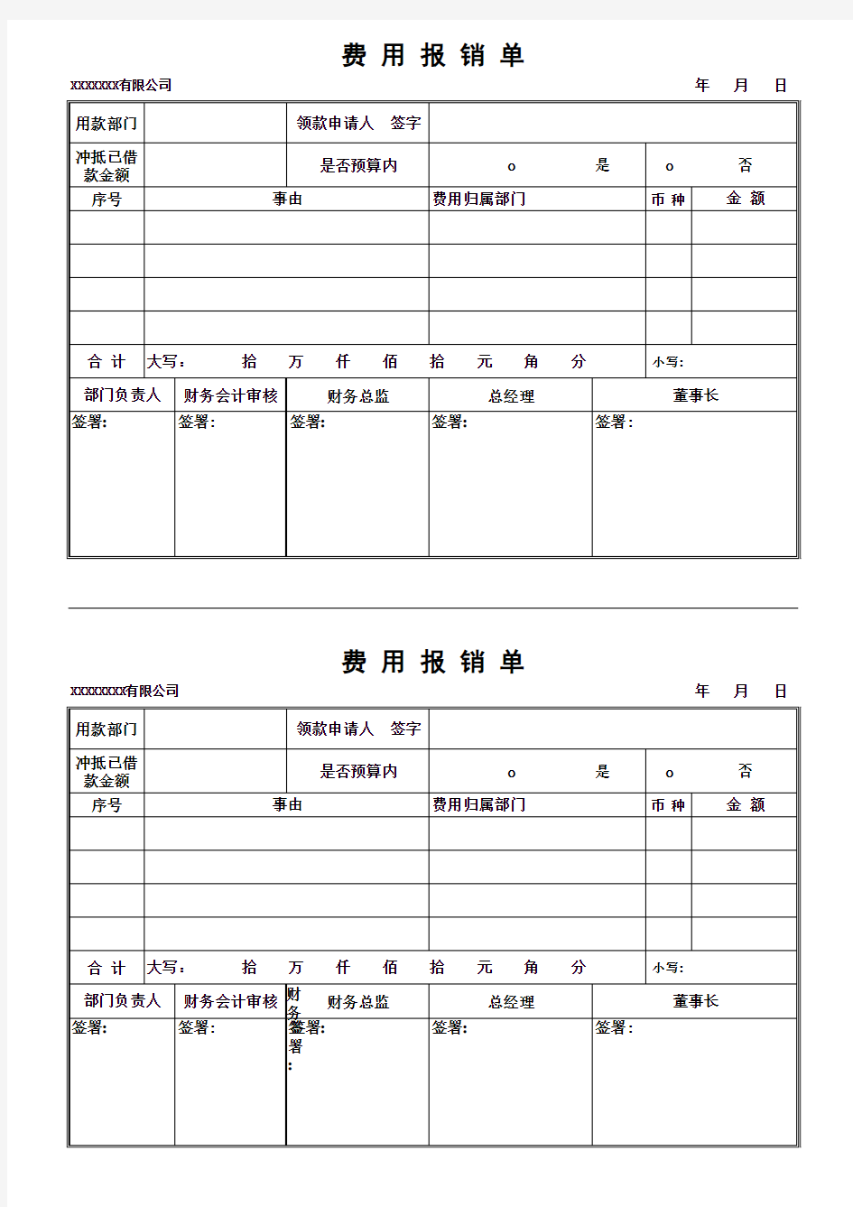 费用报销单、借款单、差旅报销单、付款审批表