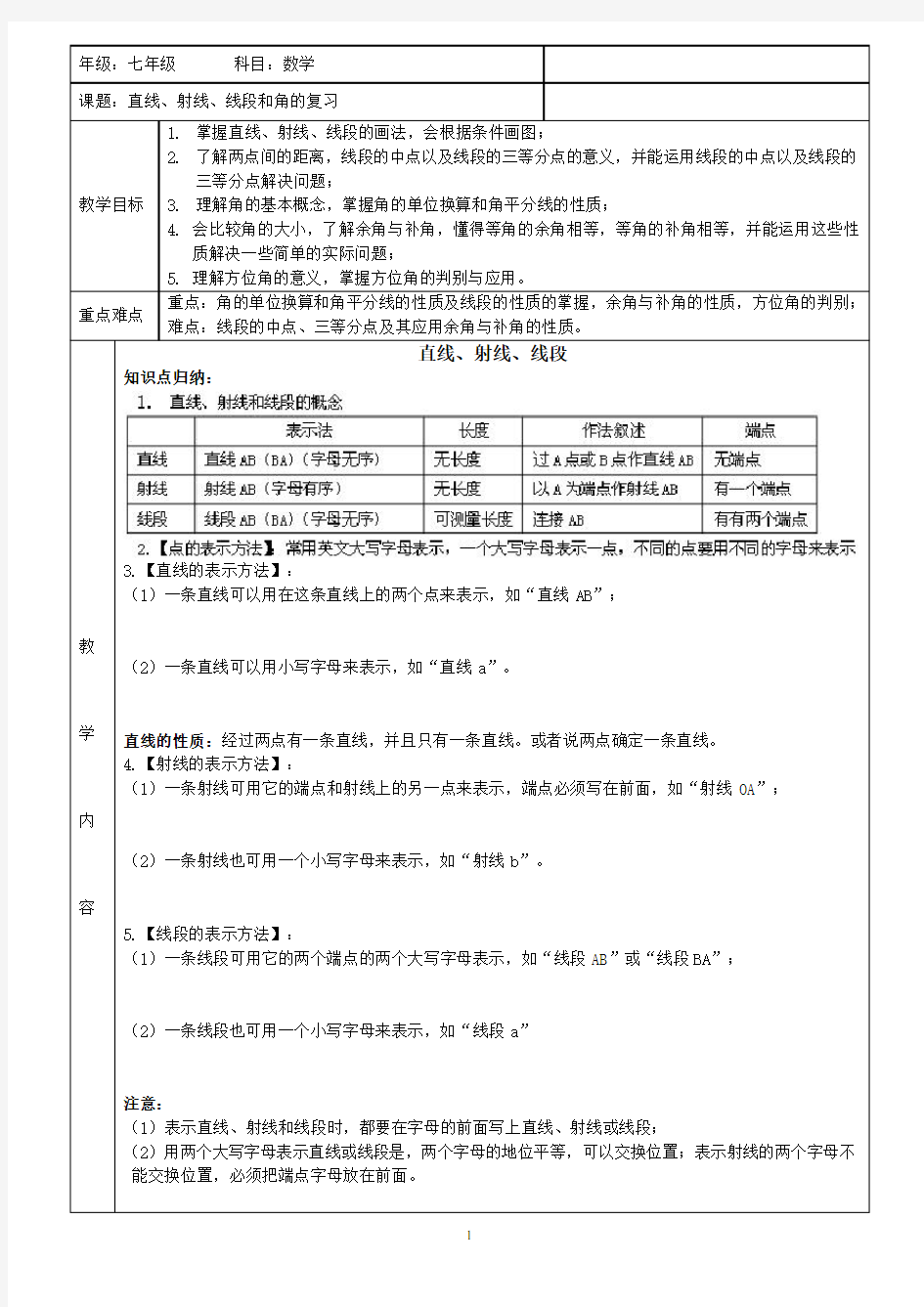 七年级上册数学直线、射线、线段和角的复习