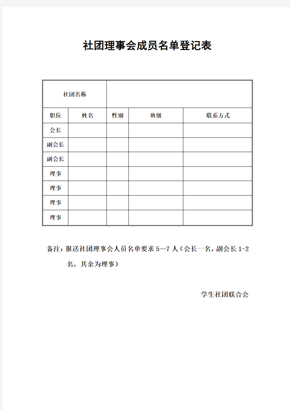 社团理事会成员名单登记表