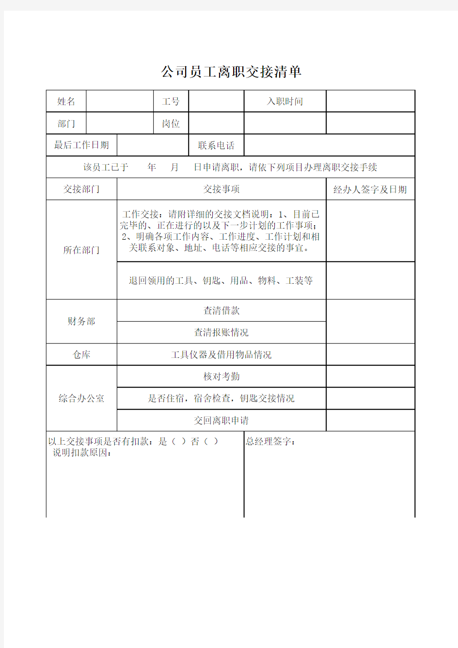 公司员工离职交接清单