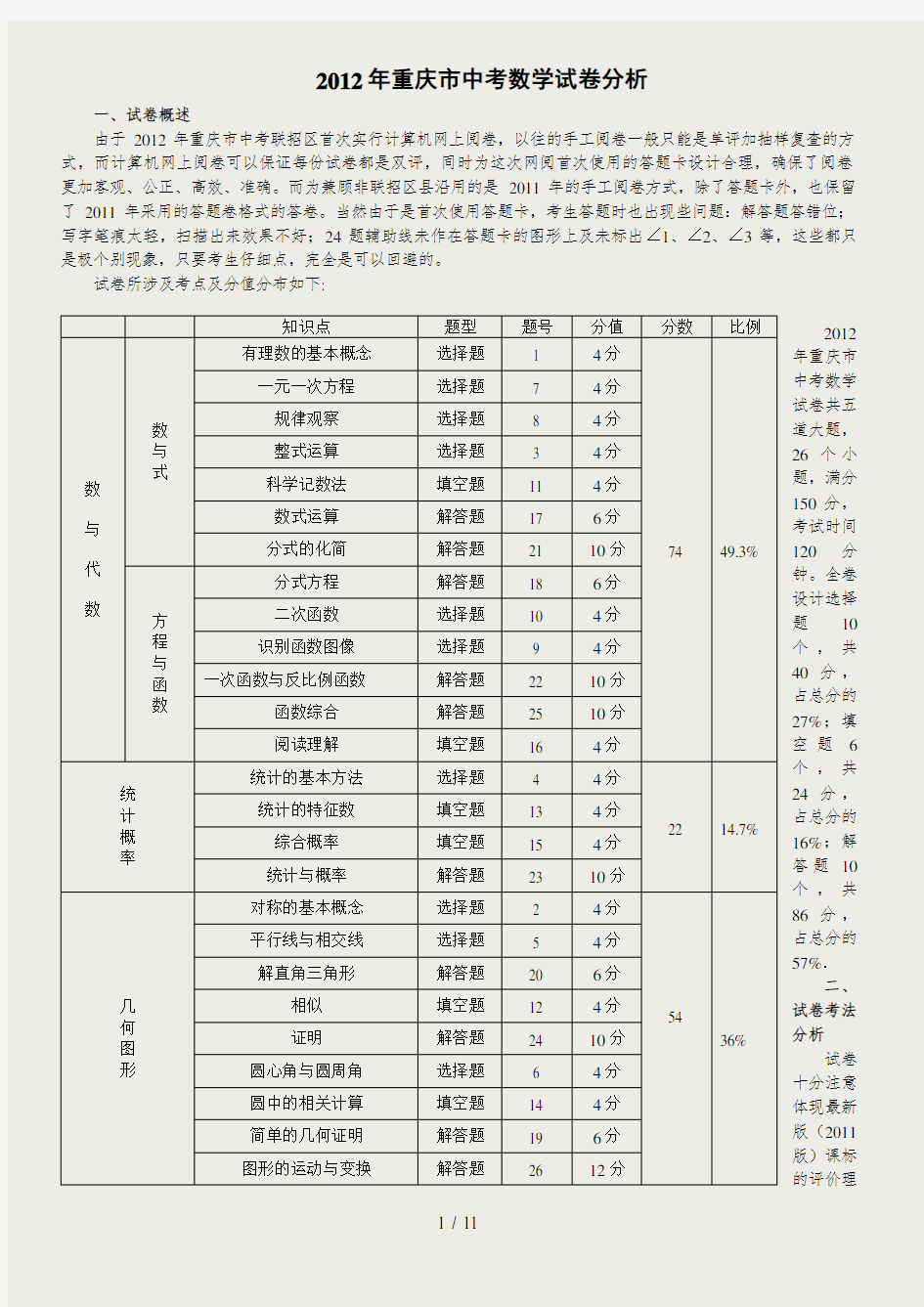 2012年重庆市中考数学试卷分析