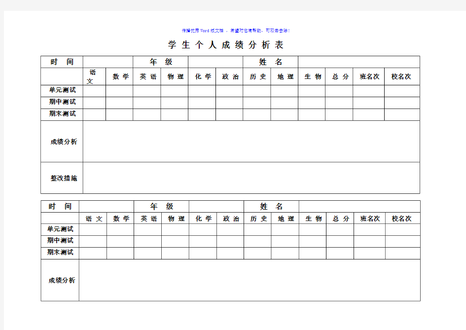 学生个人成绩分析表Word版