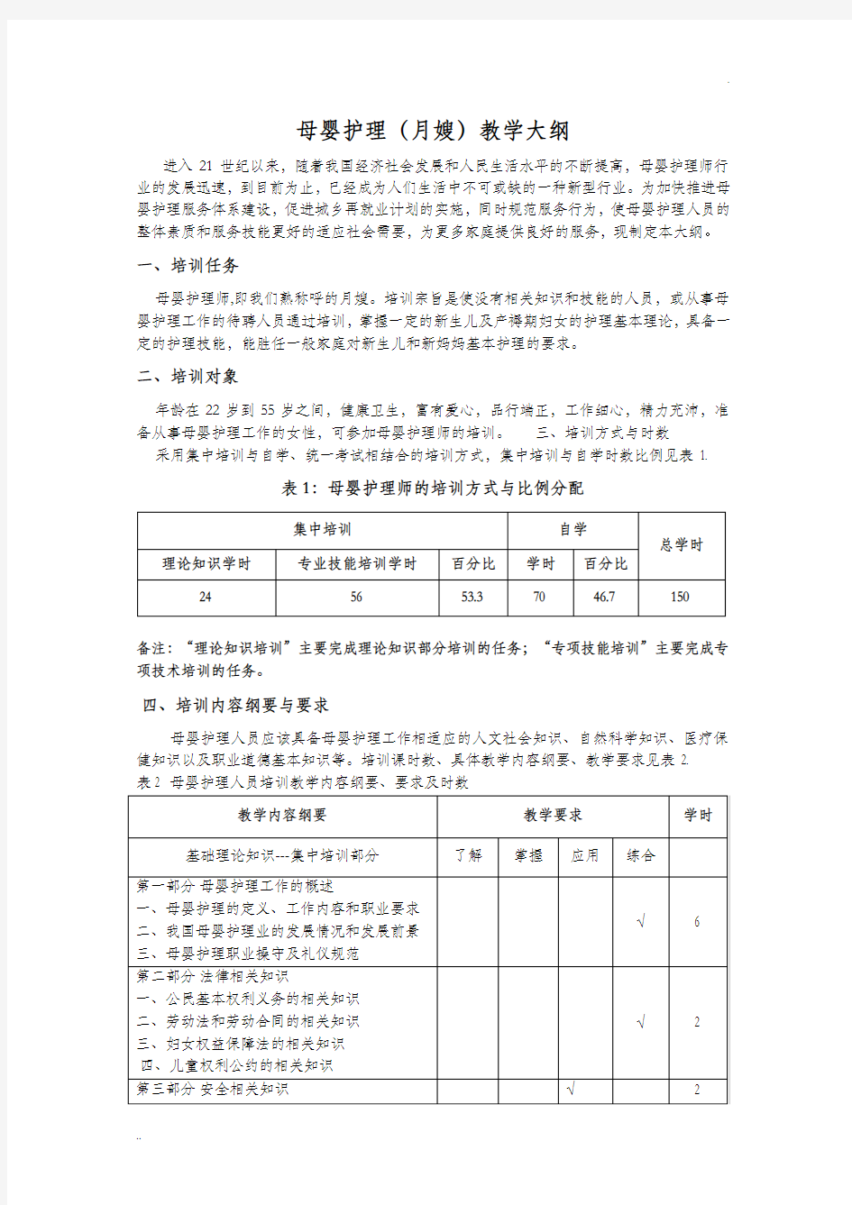 母婴护理(月嫂)教学大纲