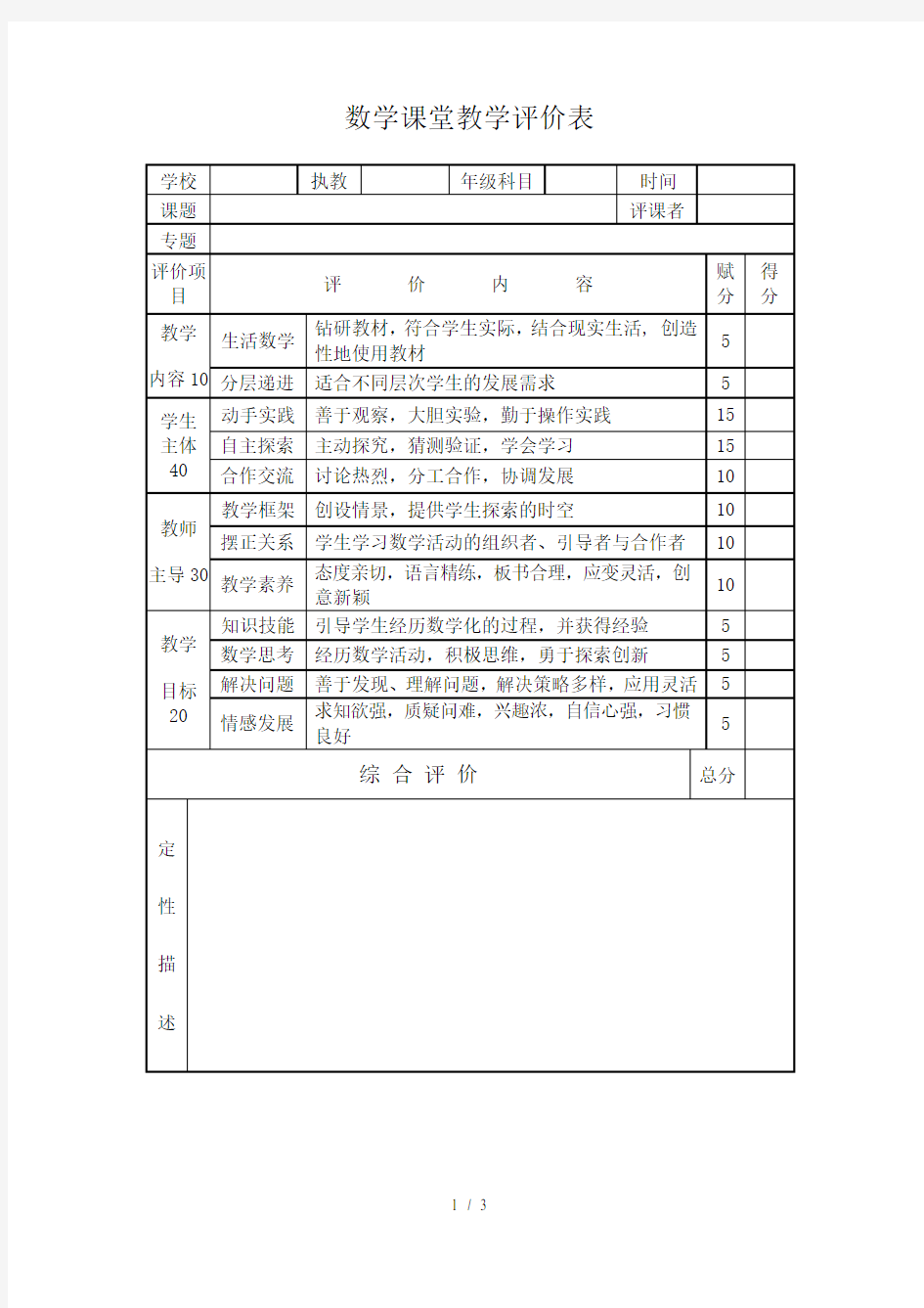 数学课堂教学评价表[1]