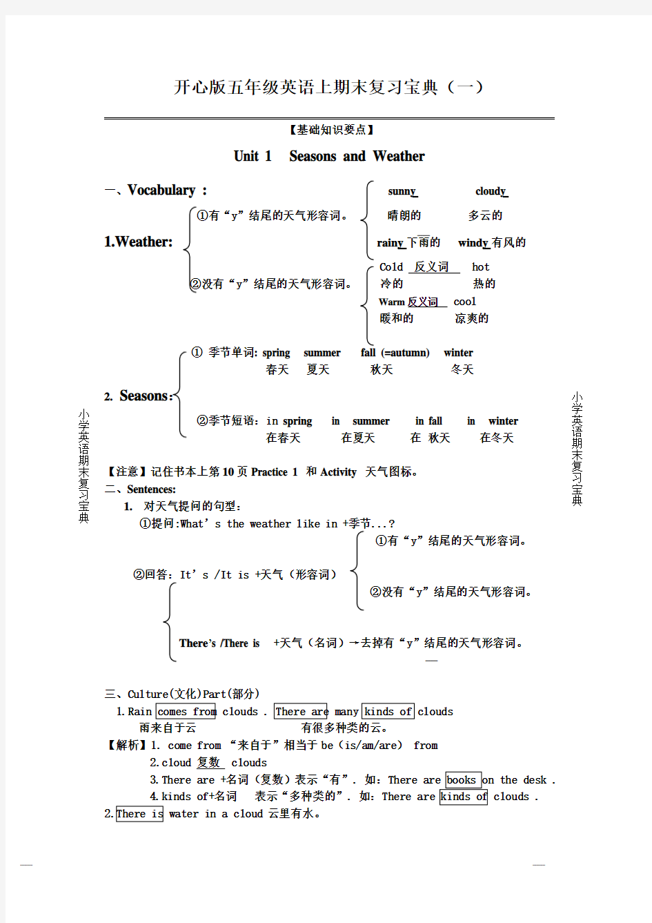 开心版英语2017-2018学年五年级上册全册知识点归纳与习题