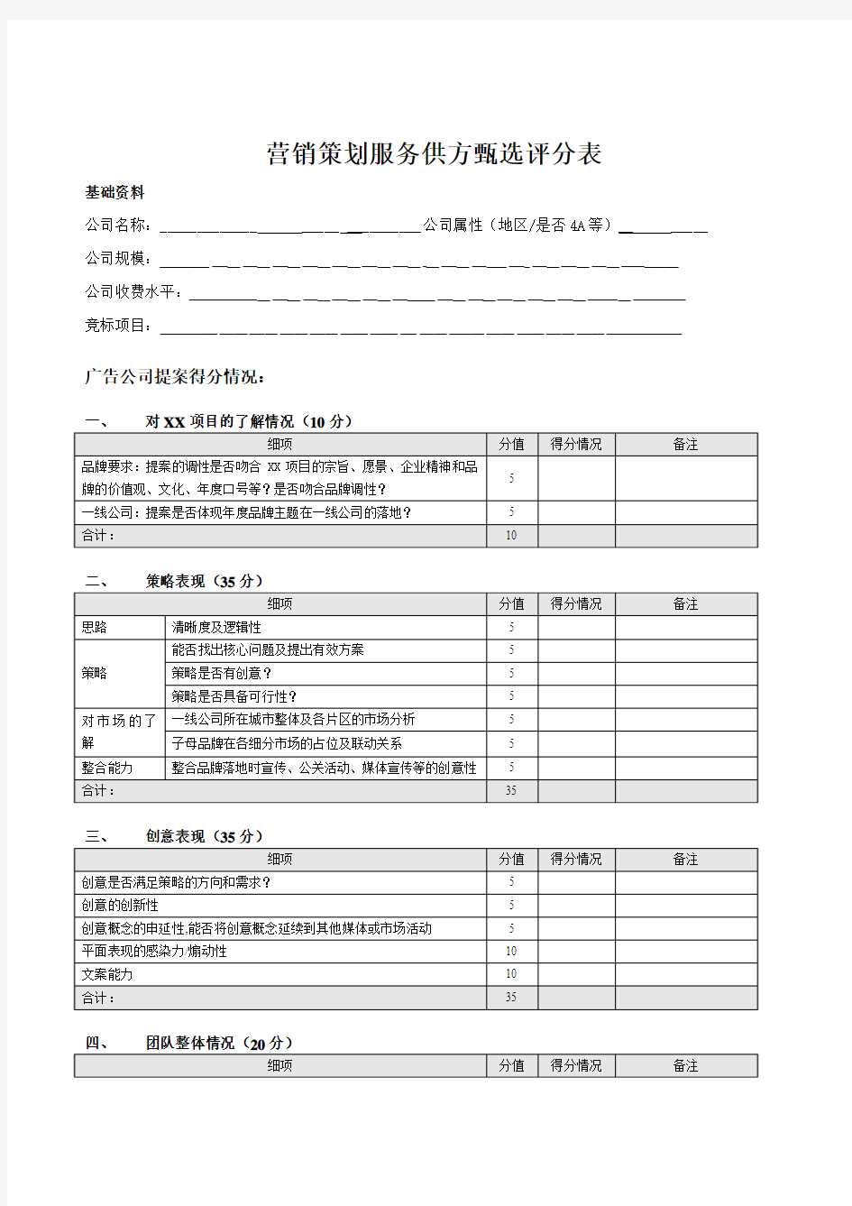 营销策划服务供方甄选评分表