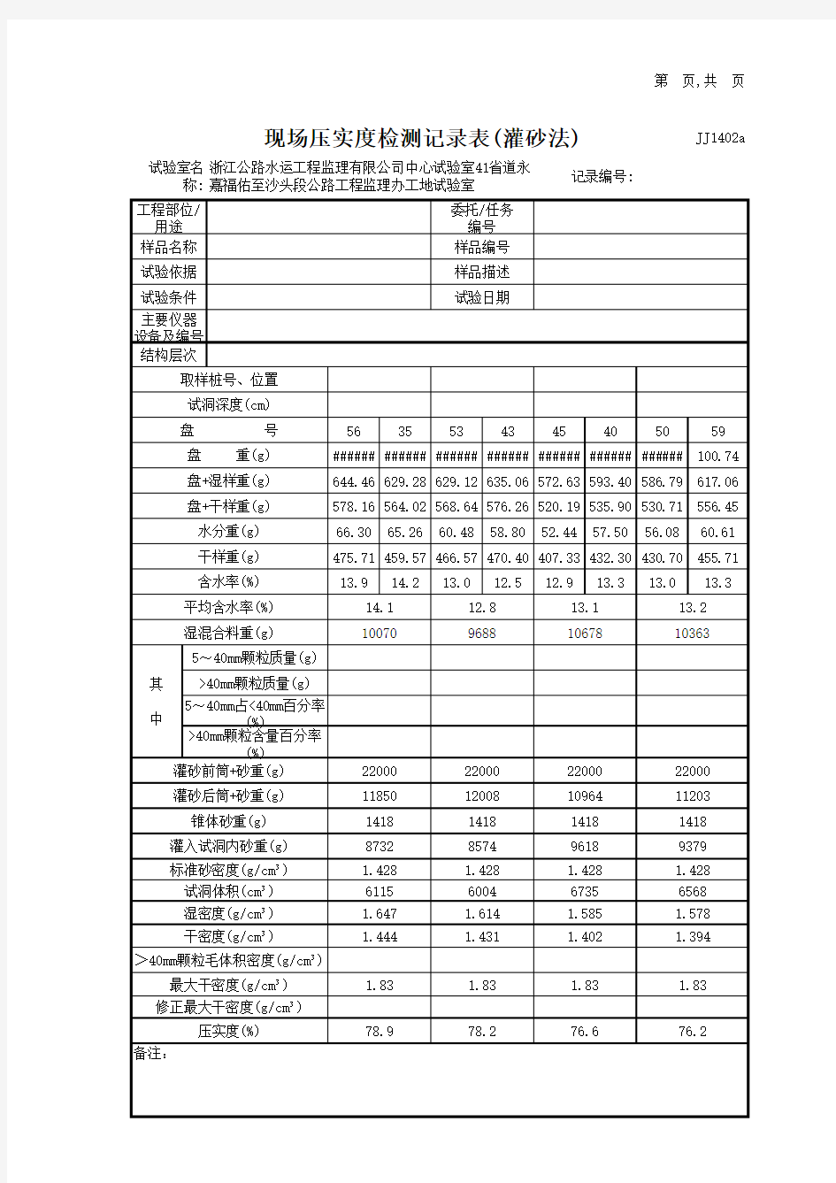 现场压实度检测记录表(灌砂法)