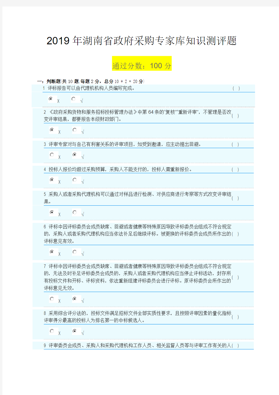 2019年湖南省政府采购专家库知识测评题