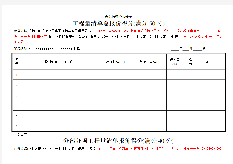 商务标评分表清单