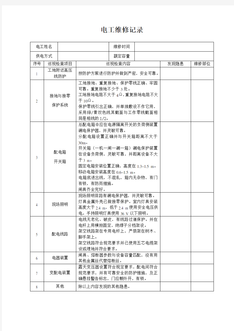 电工巡视维修记录表(内容)