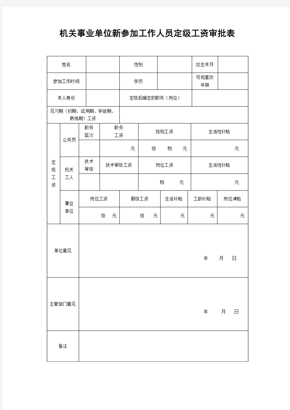 机关事业单位新参加工作人员定级工资审批表