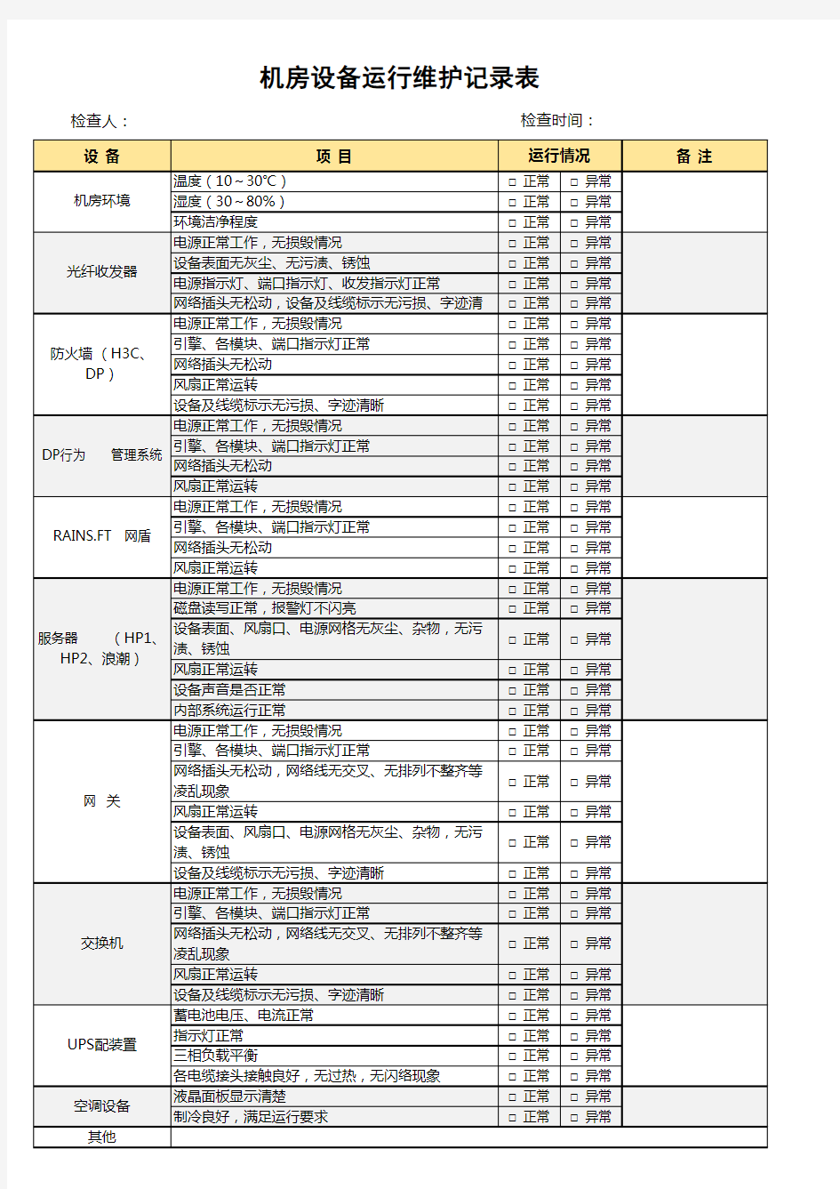 机房设备运行维护记录表模板