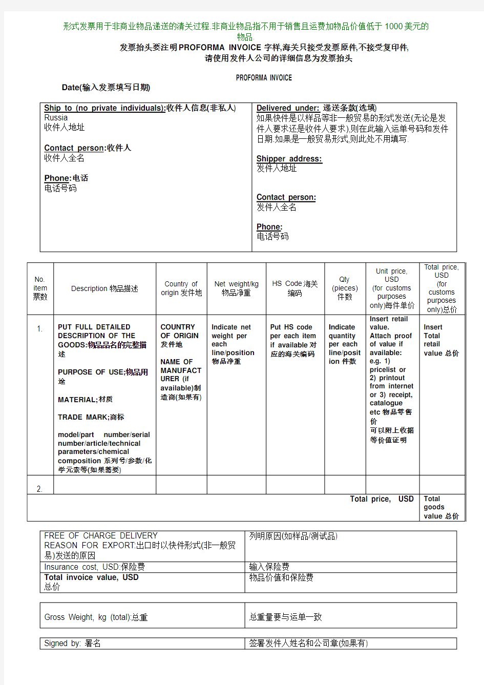 国际快递形式发票样本