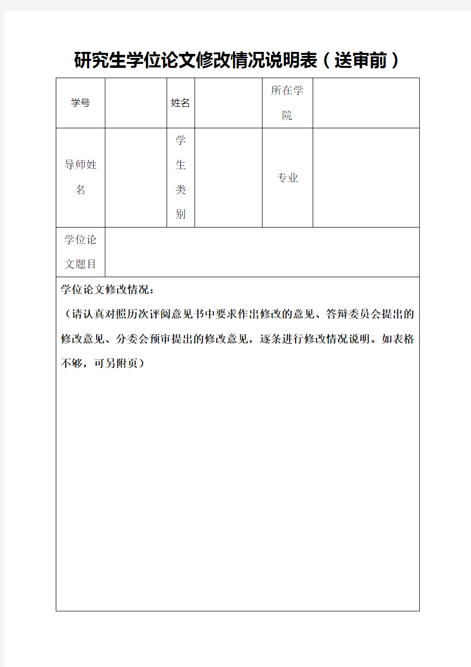 研究生学位论文修改情况说明表(送审前)