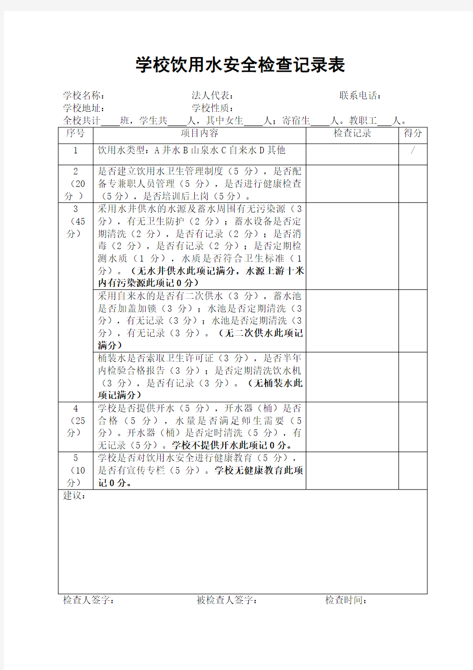 学校饮用水安全检查记录表