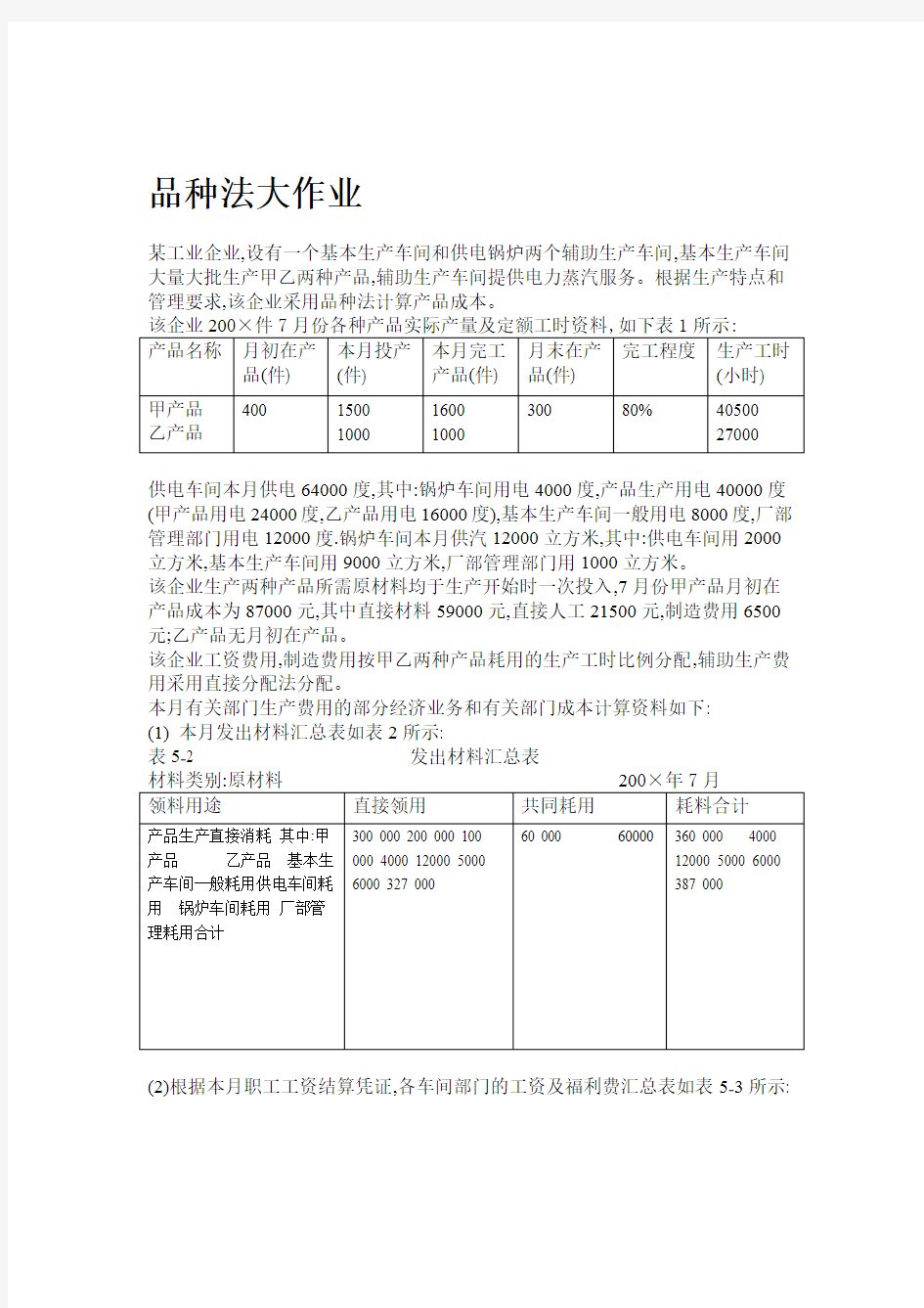 品种法作业及答案