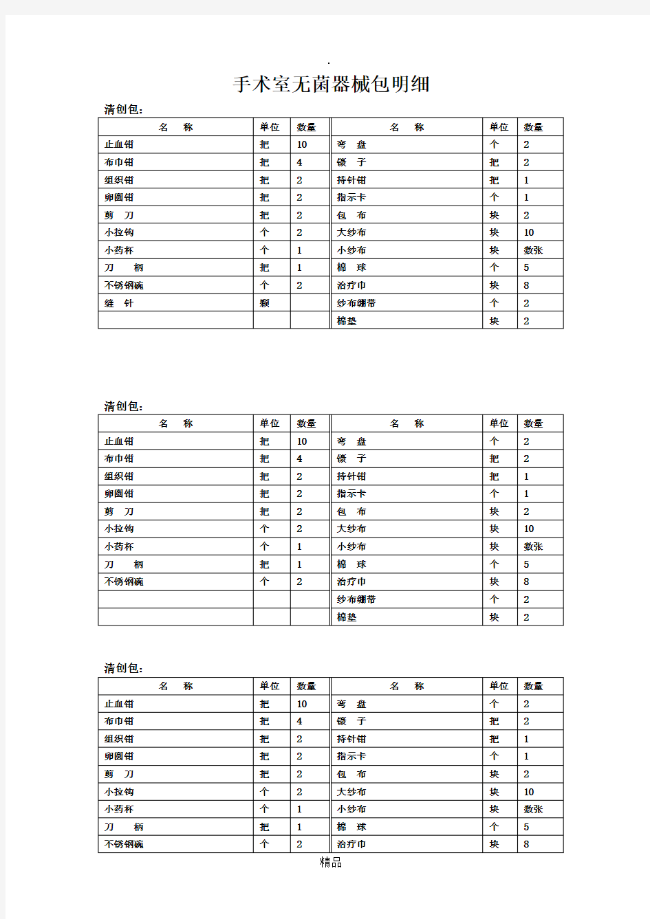 手术室器械包明细表