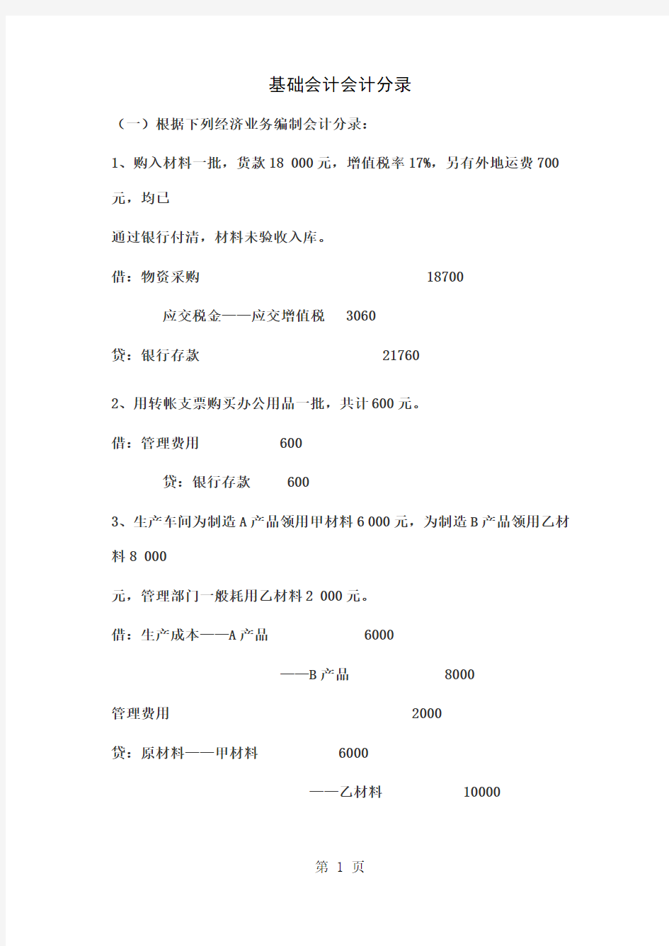 会计分录练习题1企业预提1月短期借款利息是800元借财务费用800-43页word文档