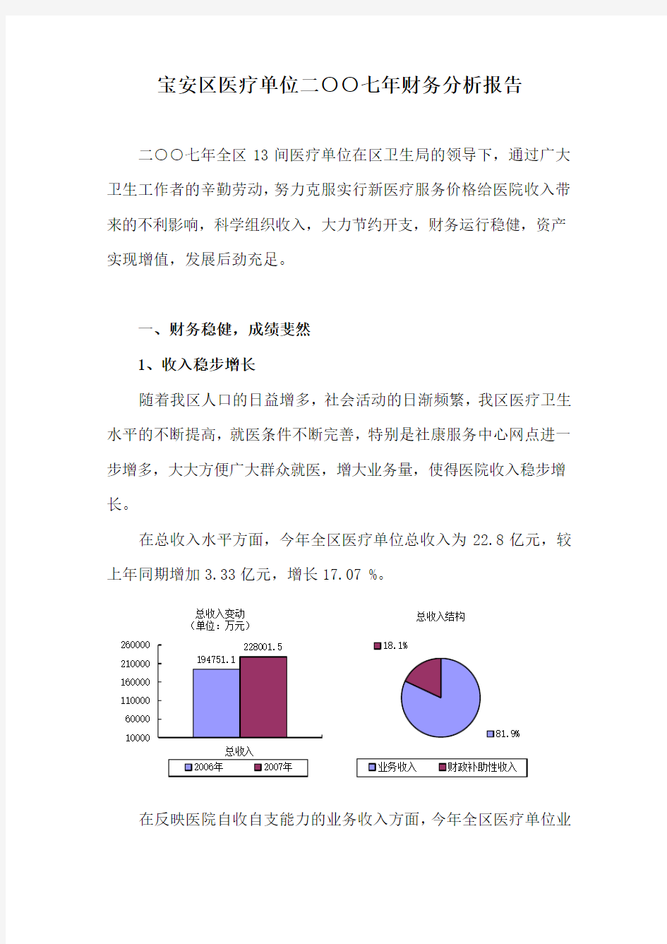 某医疗单位年度财务分析报告