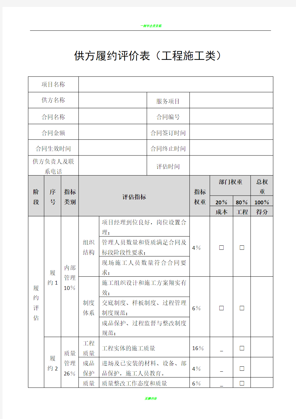 供应商供方履约评价表(参考模板)