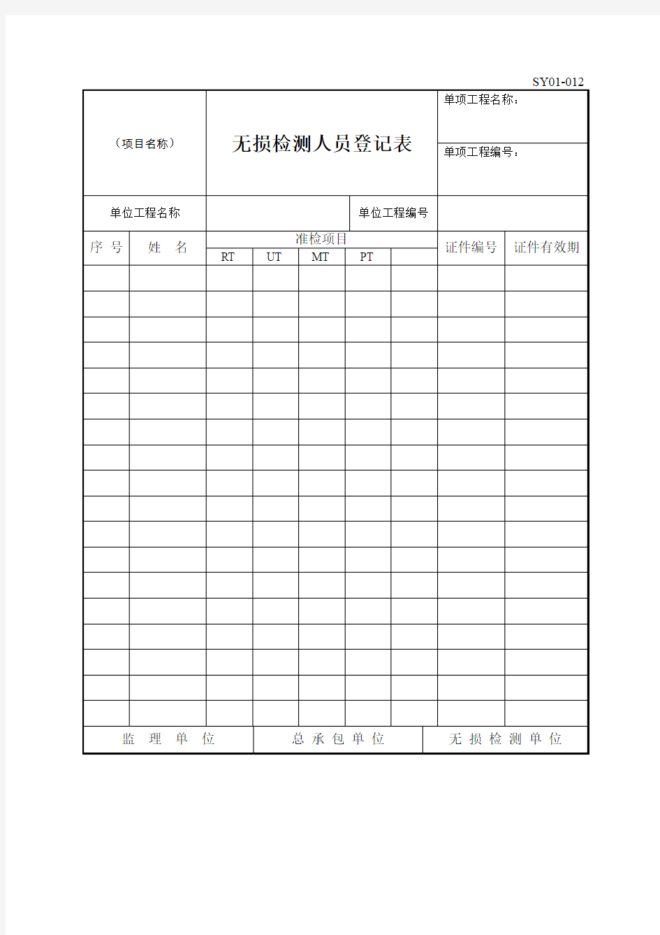 无损检测人员登记表