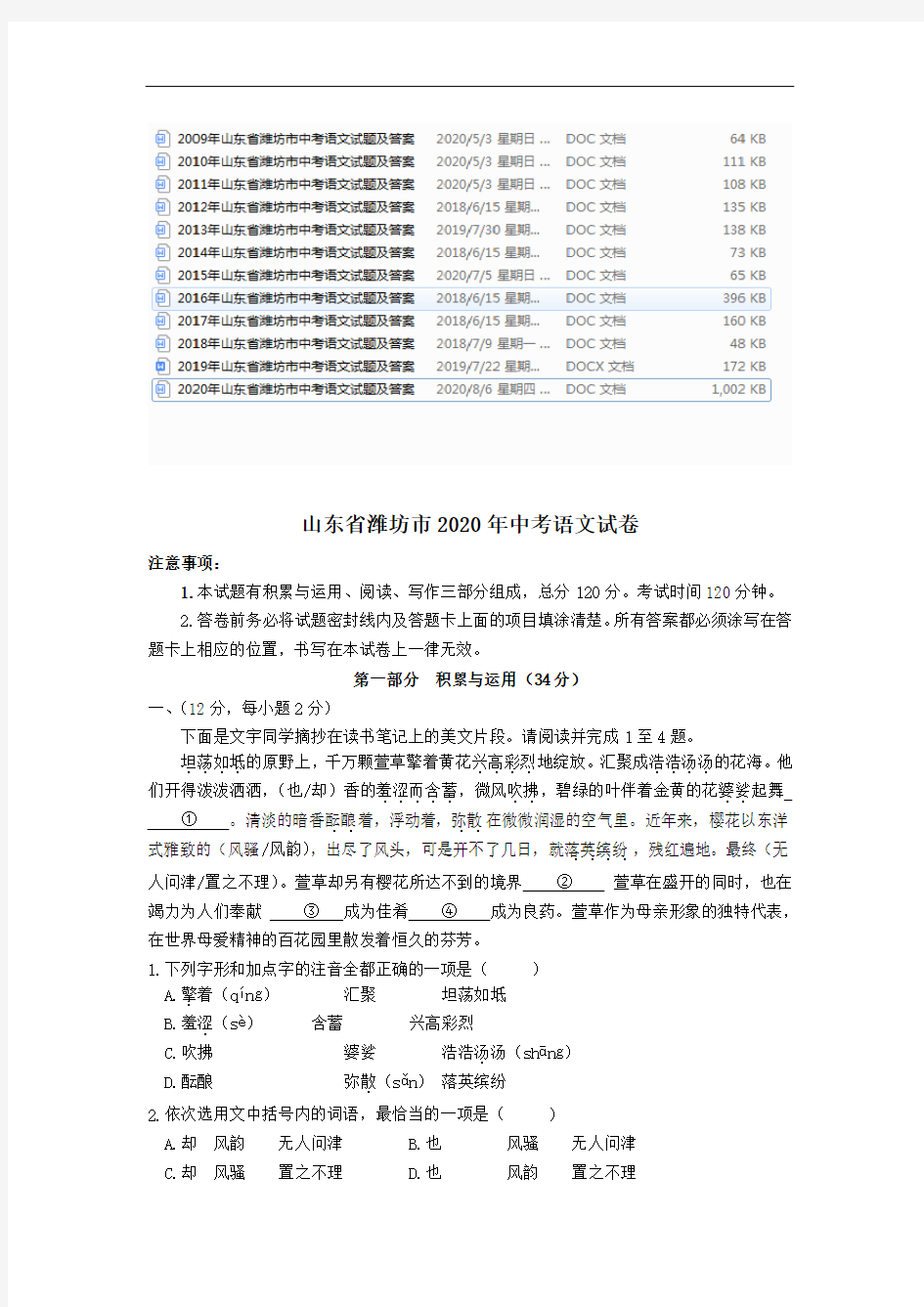 2008-2020年山东省潍坊市中考语文试题及答案