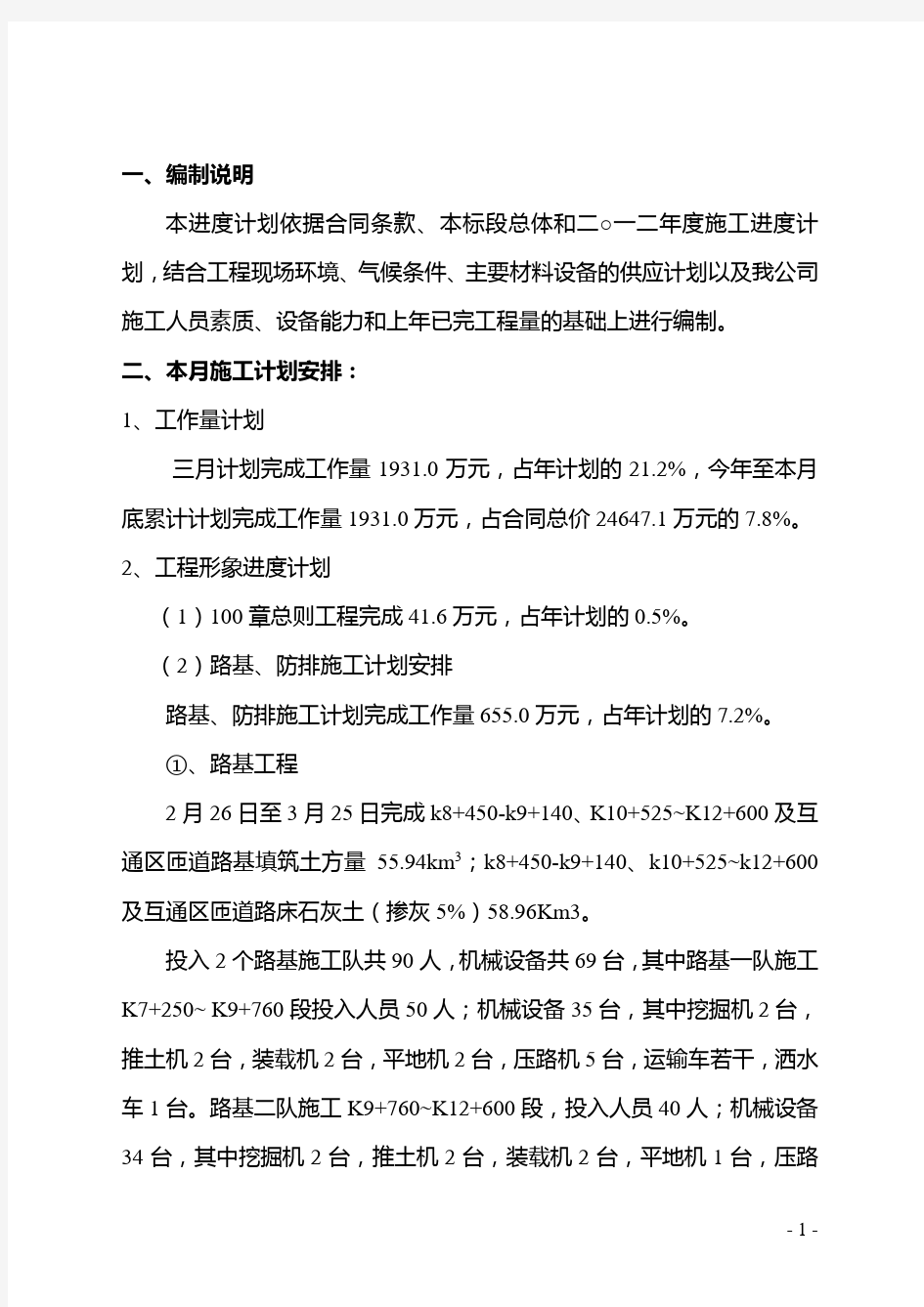 公路工程月进度计划