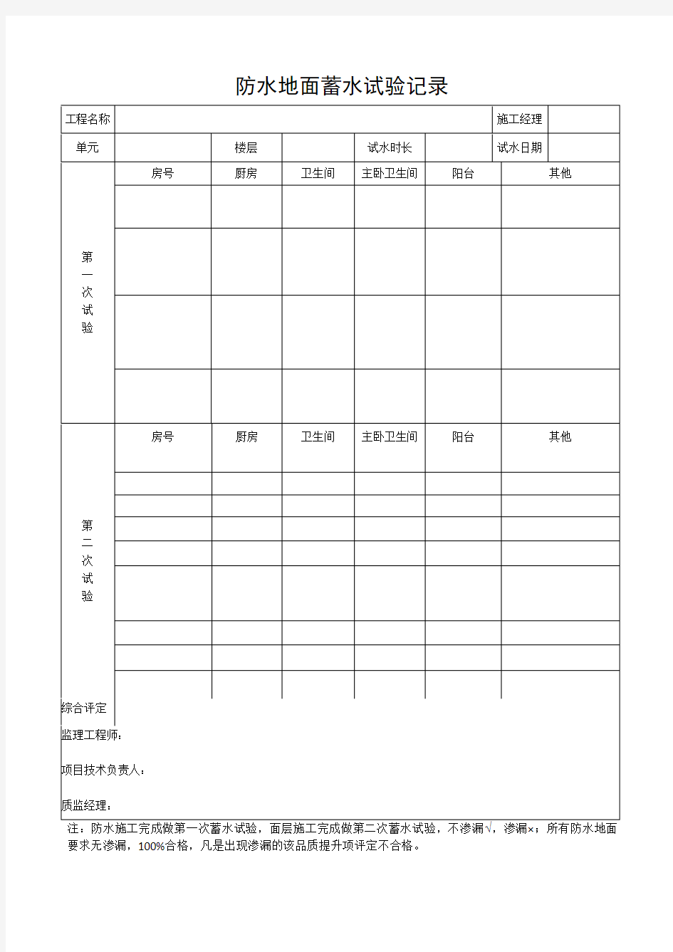 蓄水试验检查表格