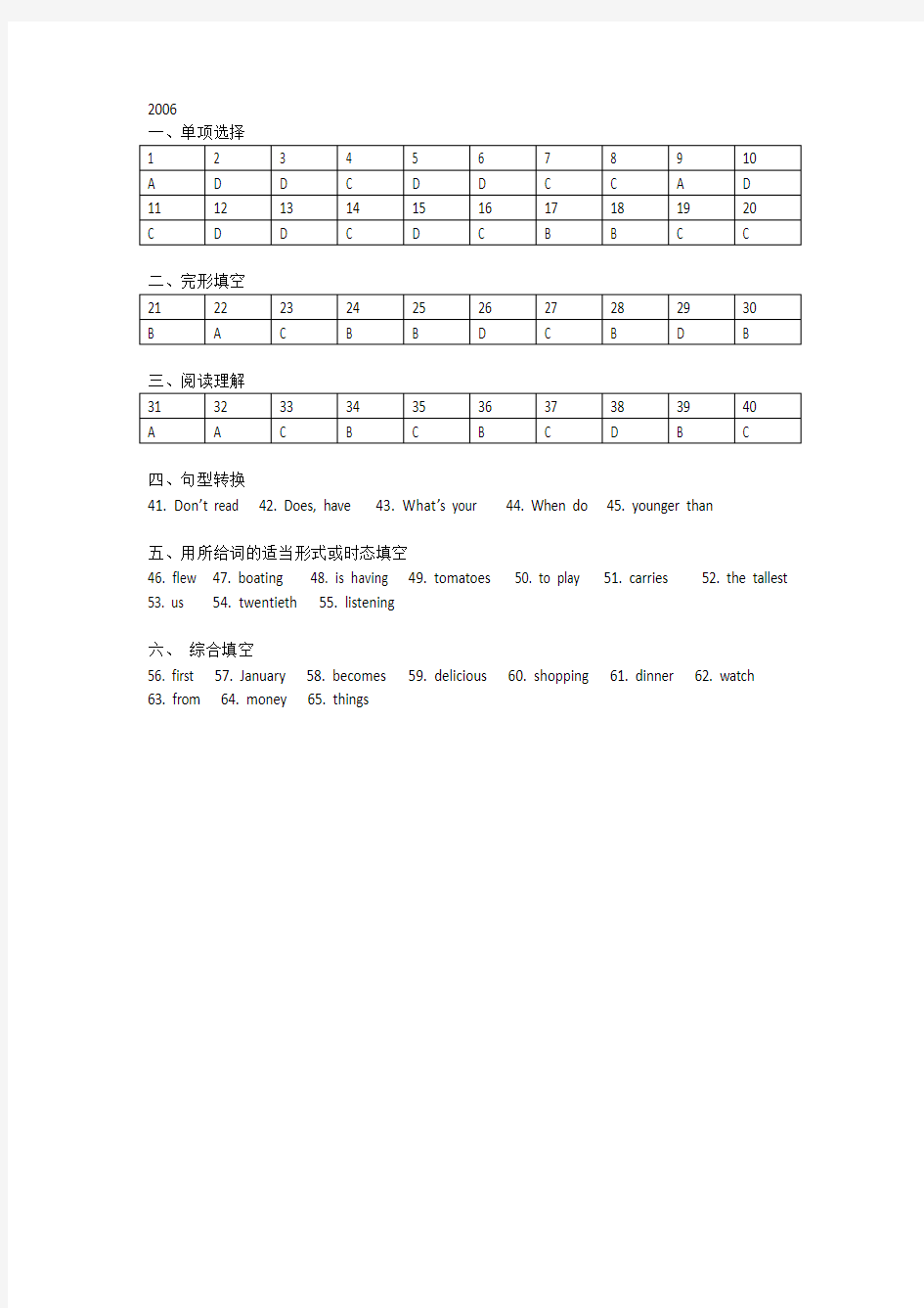 广州市历年小升初英语试卷真题答案