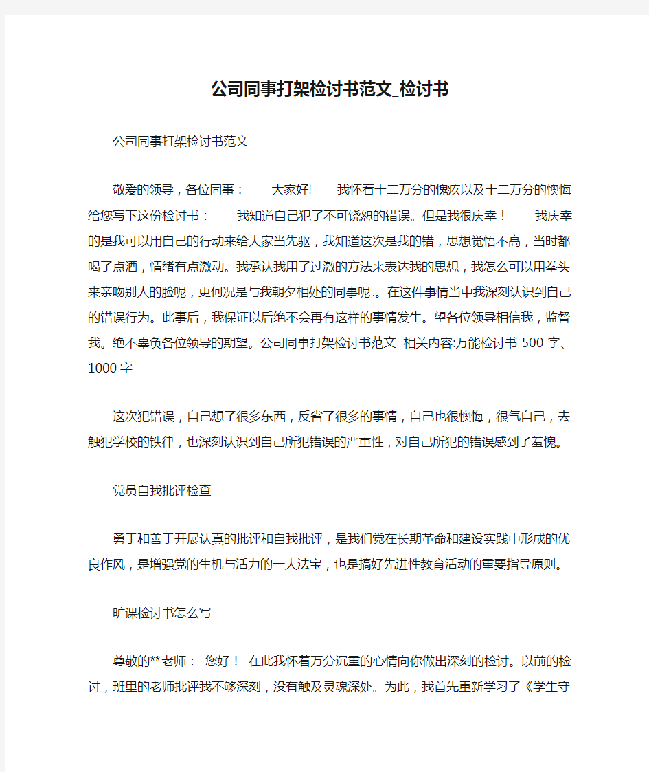 公司同事打架检讨书范文_检讨书