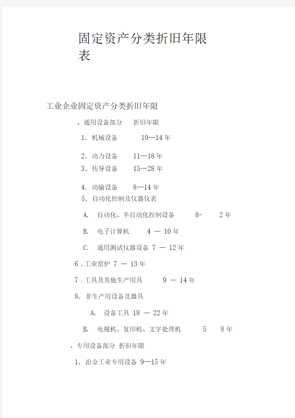 固定资产分类折旧年限表及说明