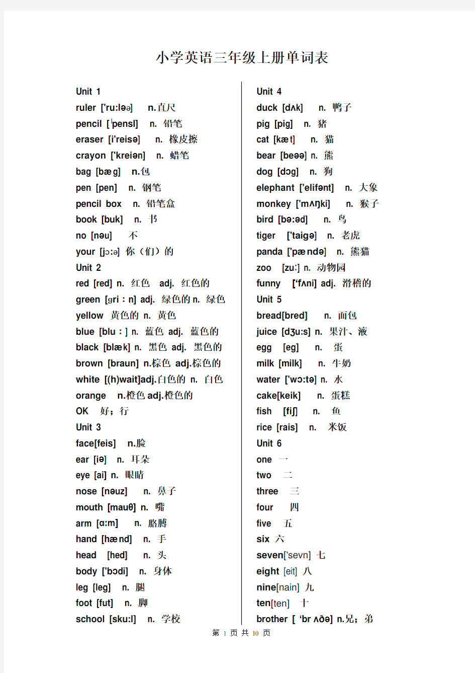 PEP新版小学英语(3-6年级)单词表