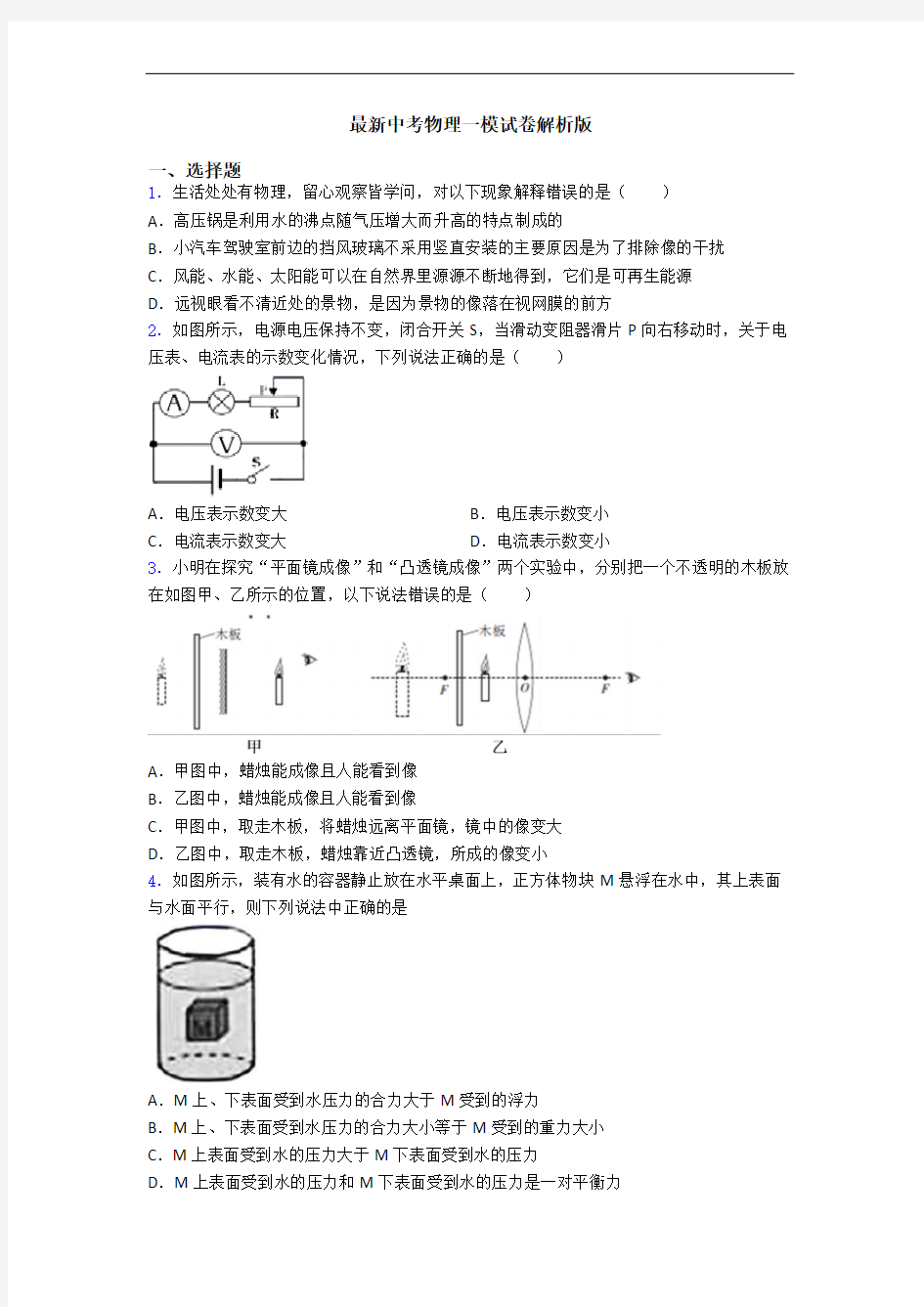 最新中考物理一模试卷解析版