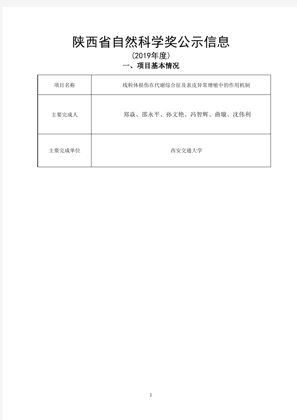 陕西省自然科学奖公示信息