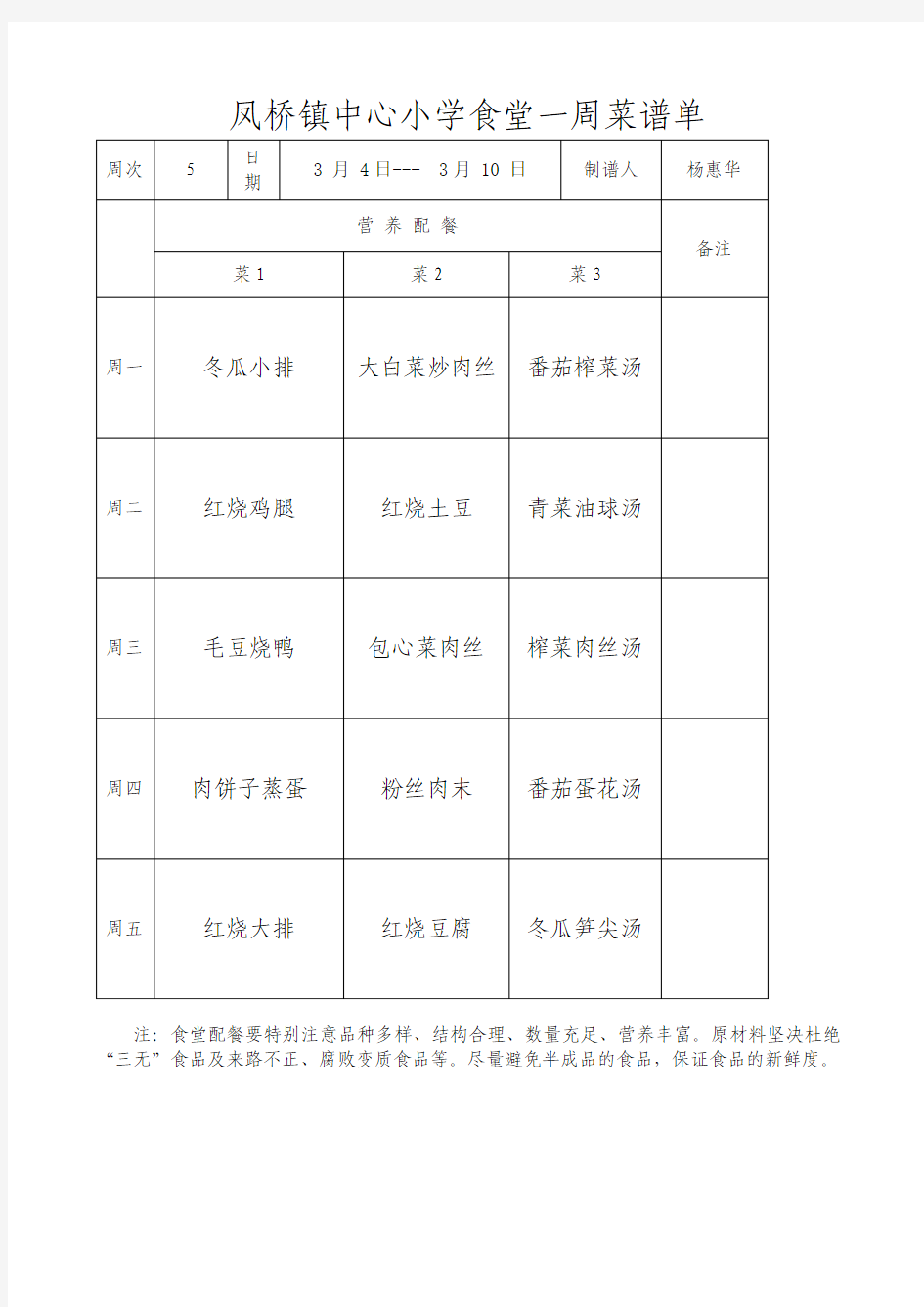 凤桥镇中心小学食堂一周菜谱单