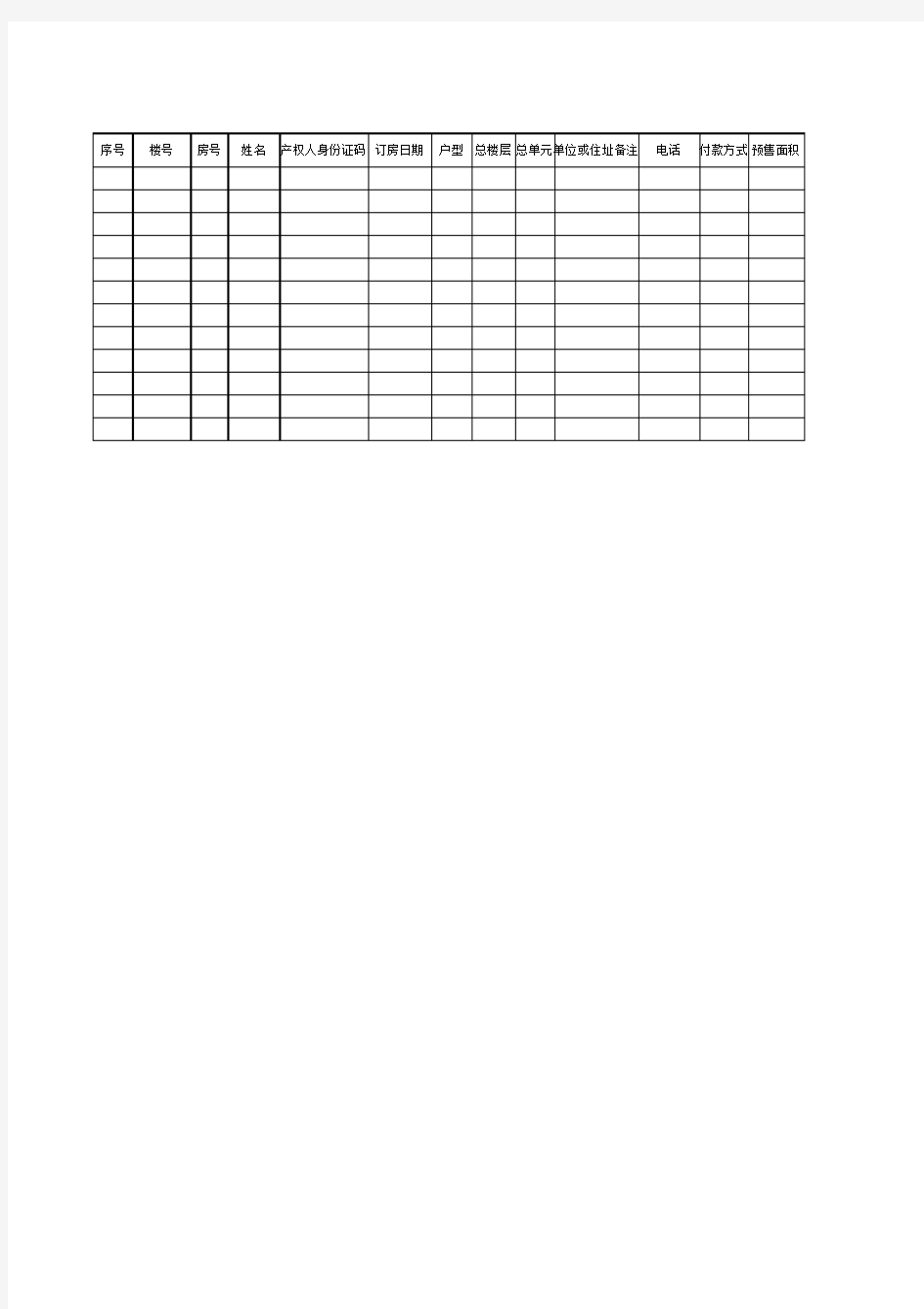 房产公司销售台账空白模板