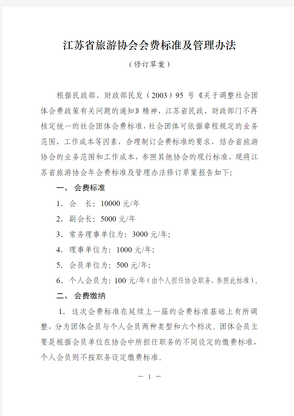 江苏省旅游协会会费标准及管理办法
