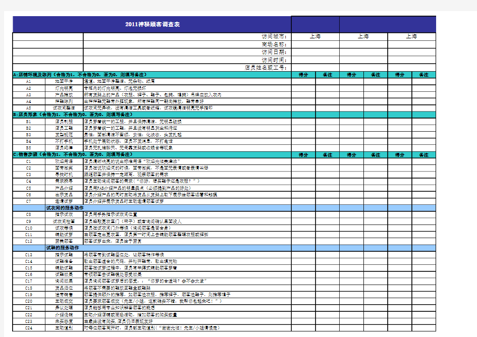 神秘顾客调查表