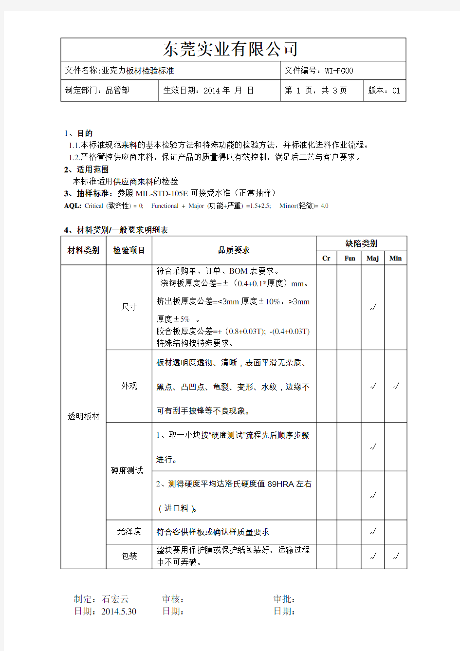 亚克力板材检验标准书