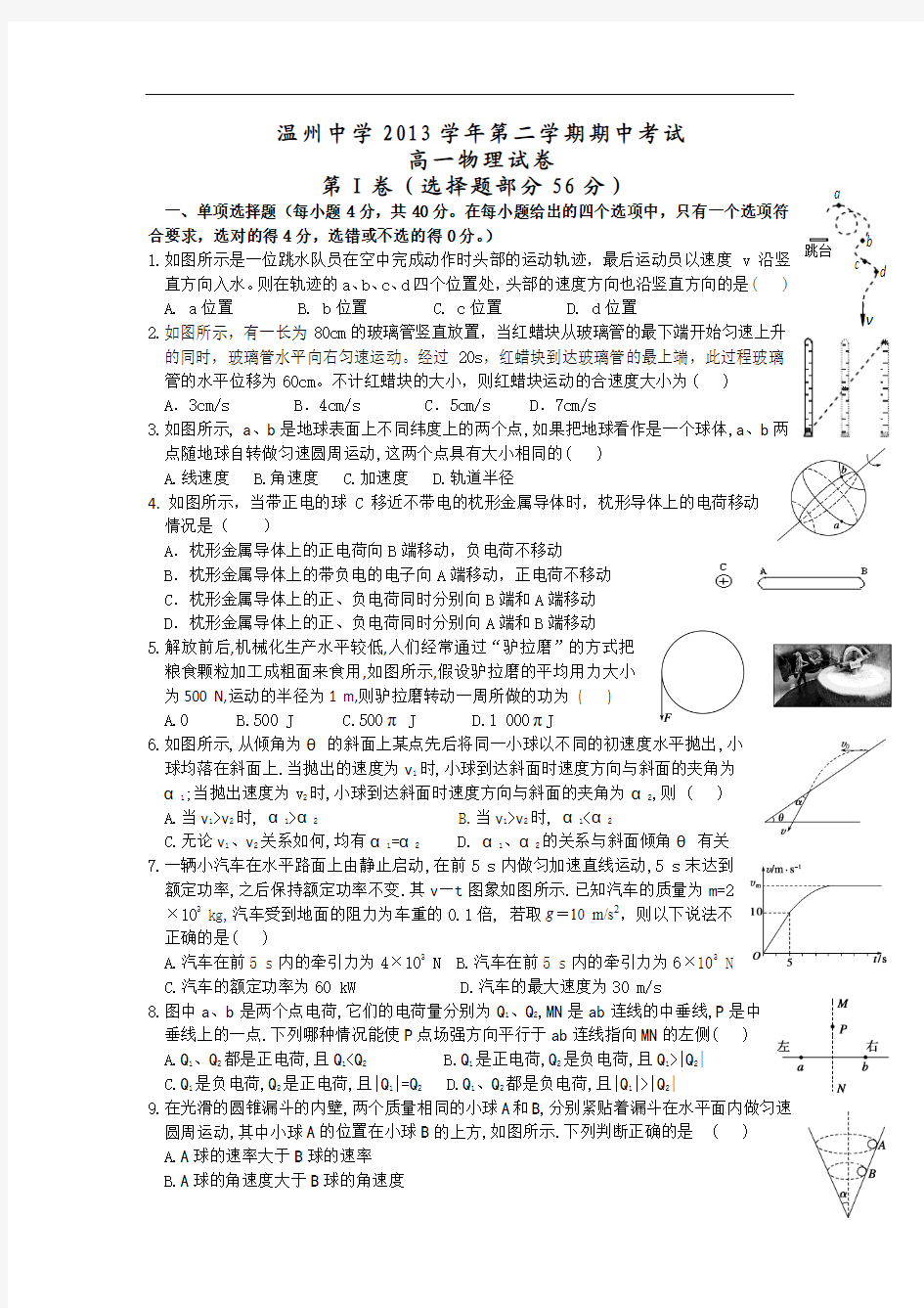 2014浙江省温州中学高一期中考试物理试题和答案