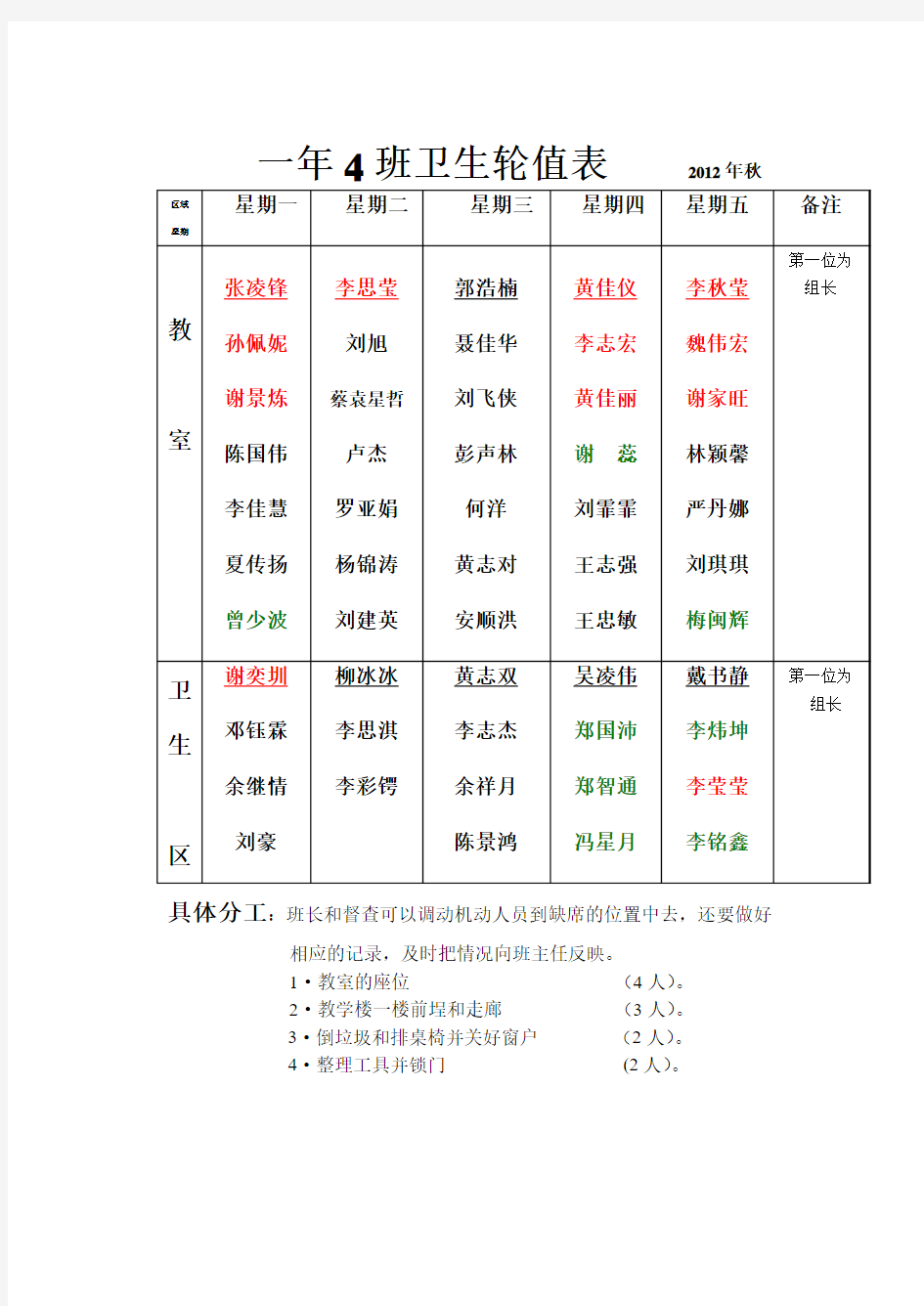 小学生值日轮值表