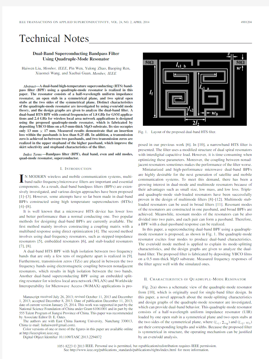 Dual-Band Superconducting Bandpass Filter Using Quadruple-Mode Resonator v13(Final version)