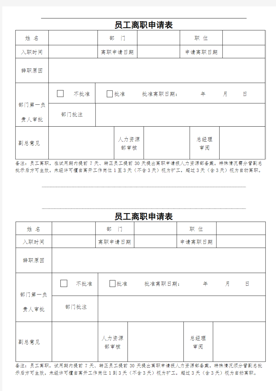 员工离职申请表及交接手续表