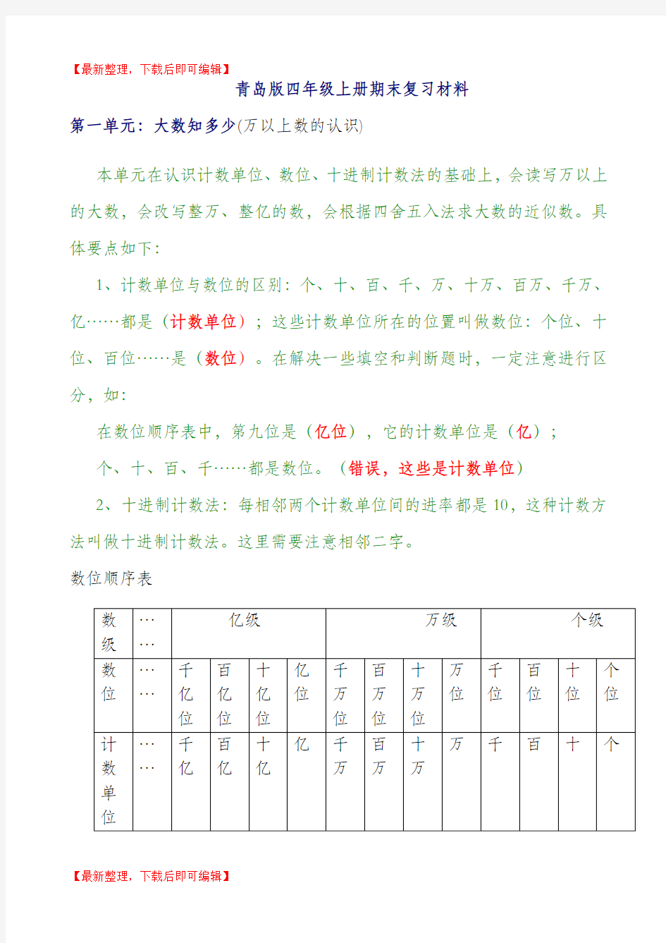 新青岛版四年级数学上册全册知识点归纳材料(完整资料).doc