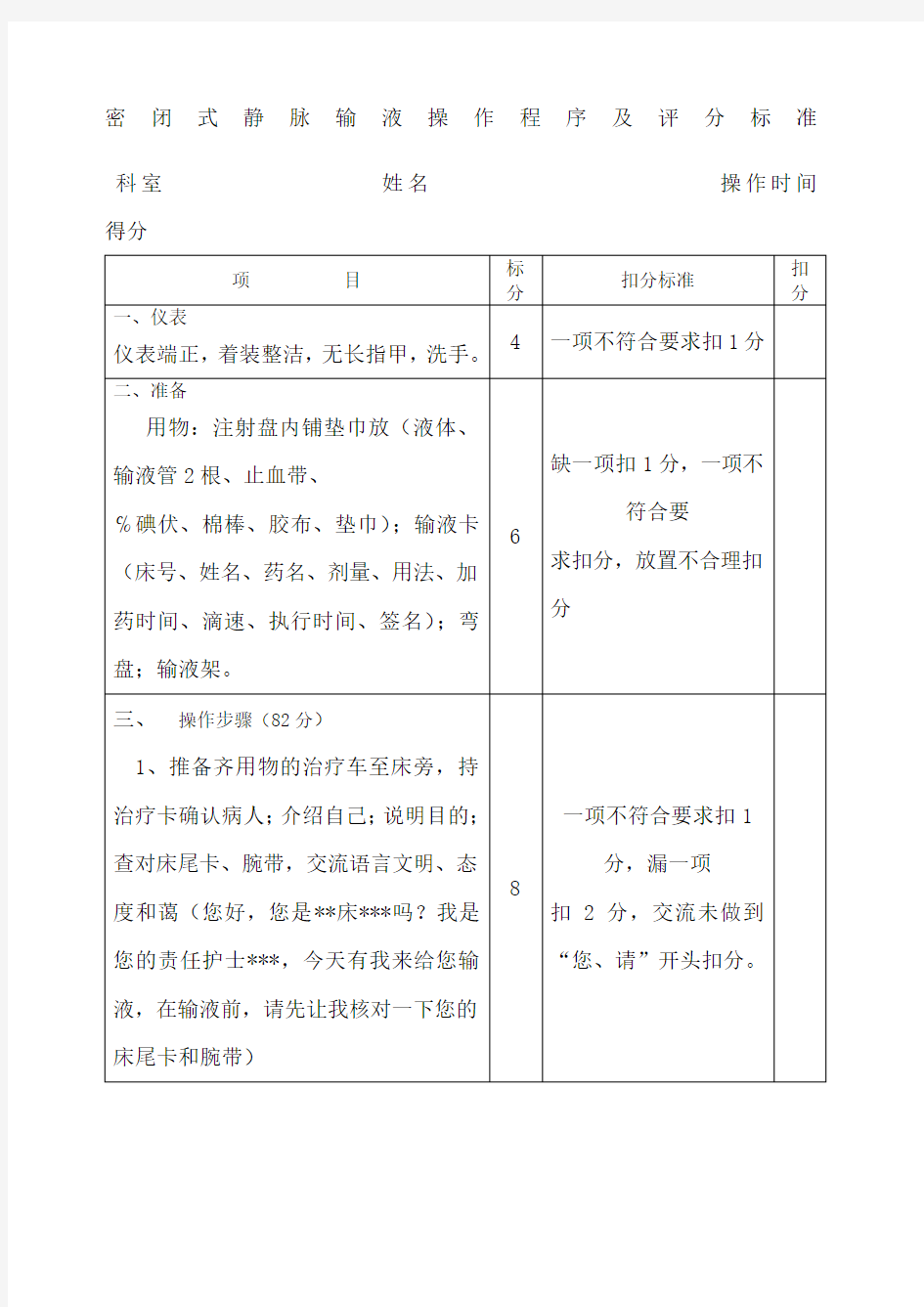 静脉输液操作流程及评分标准