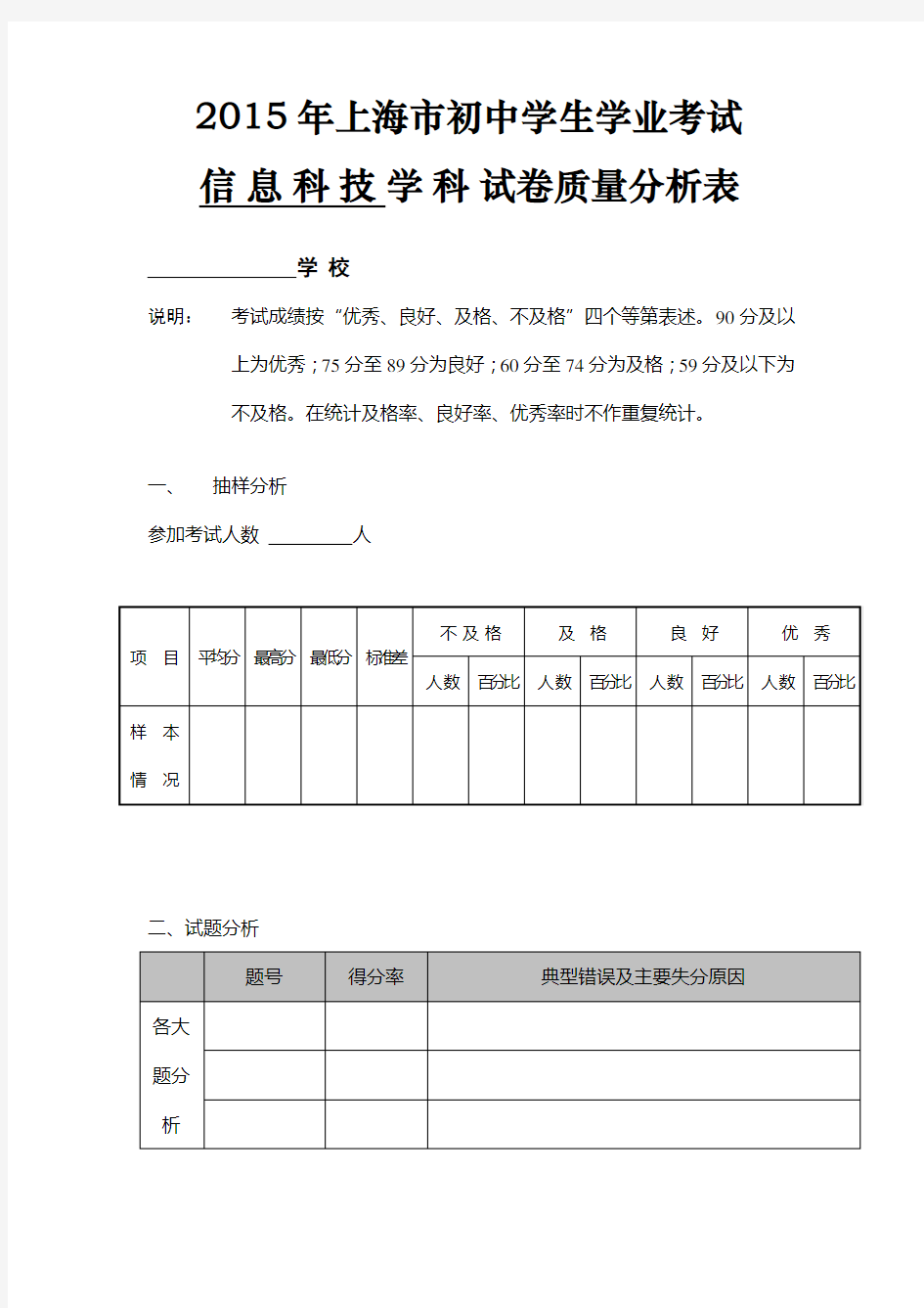 2015年上海市初中学生学业考试