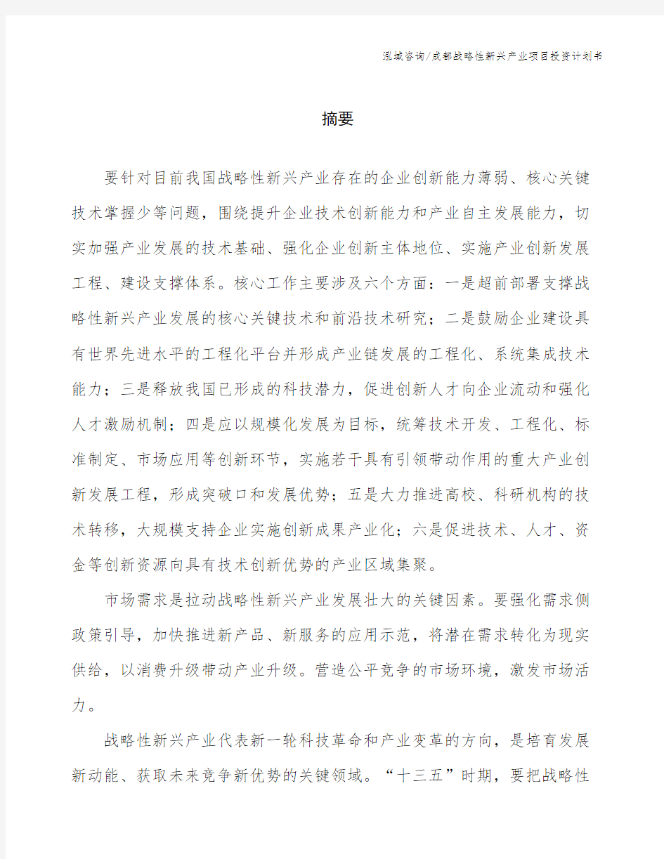 成都战略性新兴产业项目投资计划书