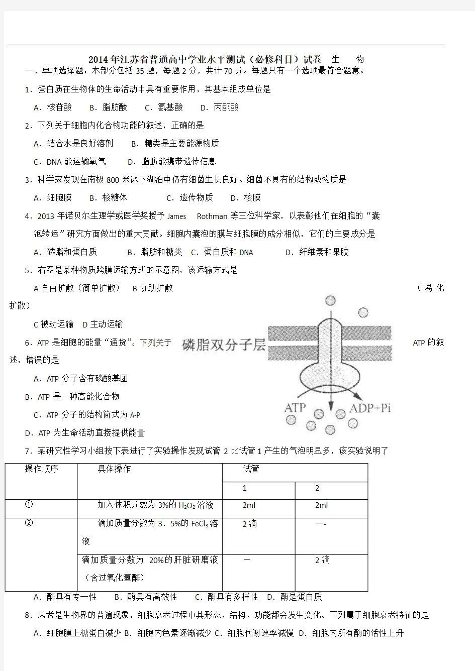 2014-2017江苏小高考生物试卷及答案